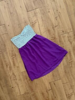 Vintage Baby Doll Dress Cotton Striped Bust Purple Chiffon Strapless Dress